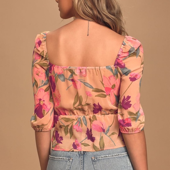 Lulus Living Life Blush Pink Multi Floral Print Ruched Puff Sleeve Top - Picture 3 of 6